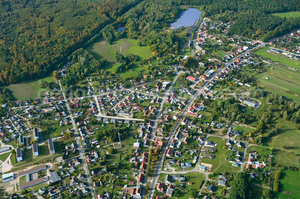 Aerial photograph Jatznick - Surrounded by forest and forest areas center of the streets and houses and residential areas in Jatznick in the state Mecklenburg - Western Pomerania, Germany