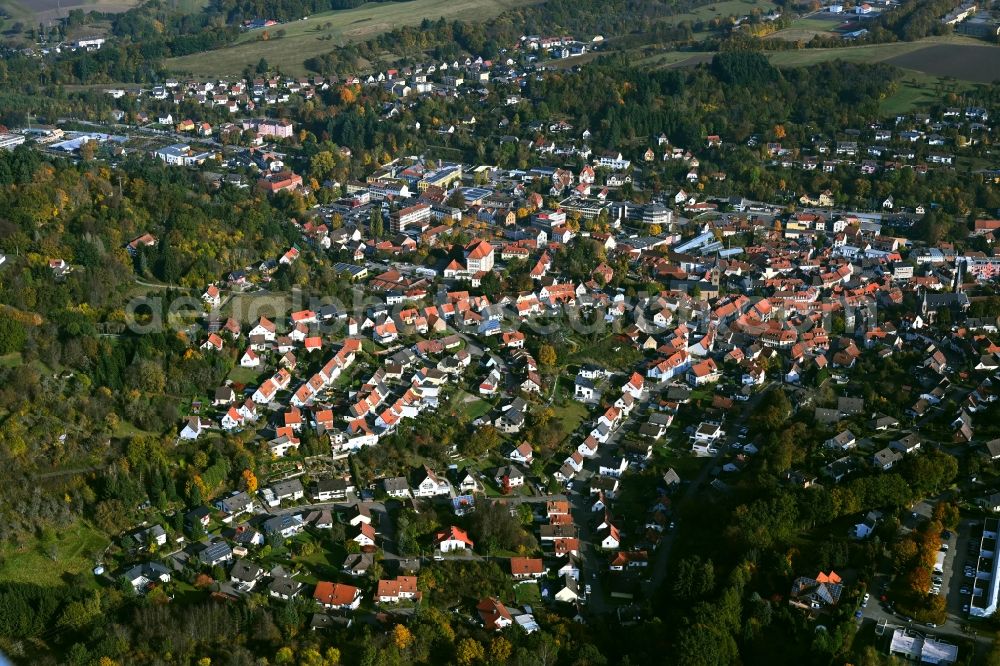 Kusel from above - Surrounded by forest and forest areas center of the streets and houses and residential areas in Kusel in the state Rhineland-Palatinate, Germany