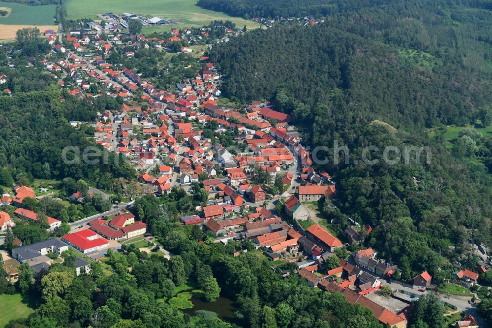 Aerial photograph Langenstein - Surrounded by forest and forest areas center of the streets and houses and residential areas in Langenstein in the state Saxony-Anhalt, Germany