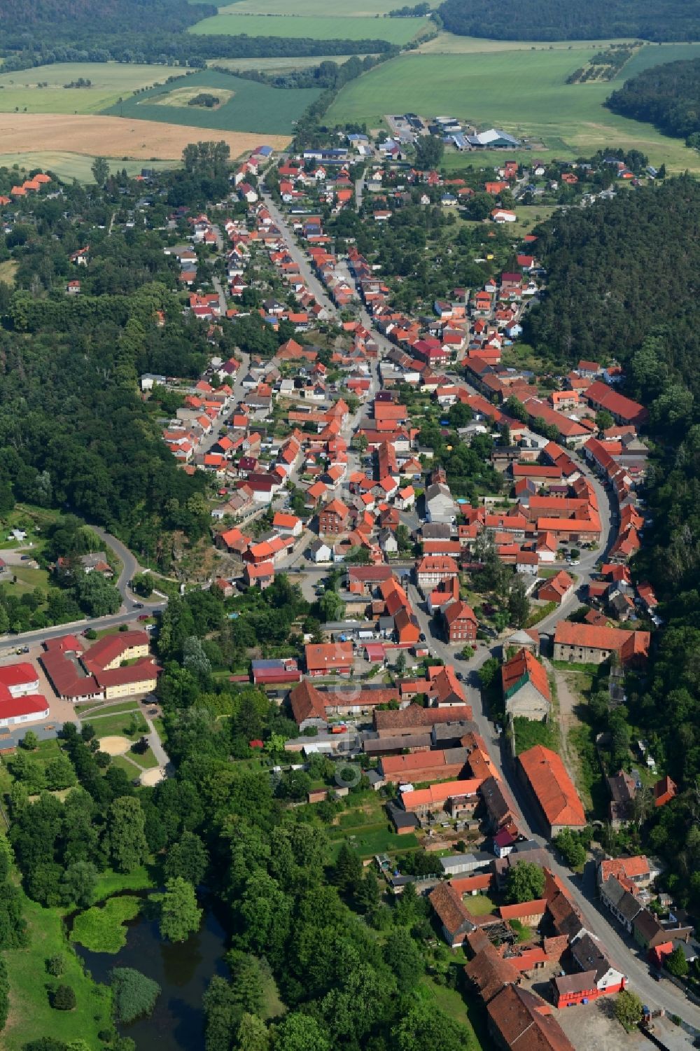 Langenstein from the bird's eye view: Surrounded by forest and forest areas center of the streets and houses and residential areas in Langenstein in the state Saxony-Anhalt, Germany