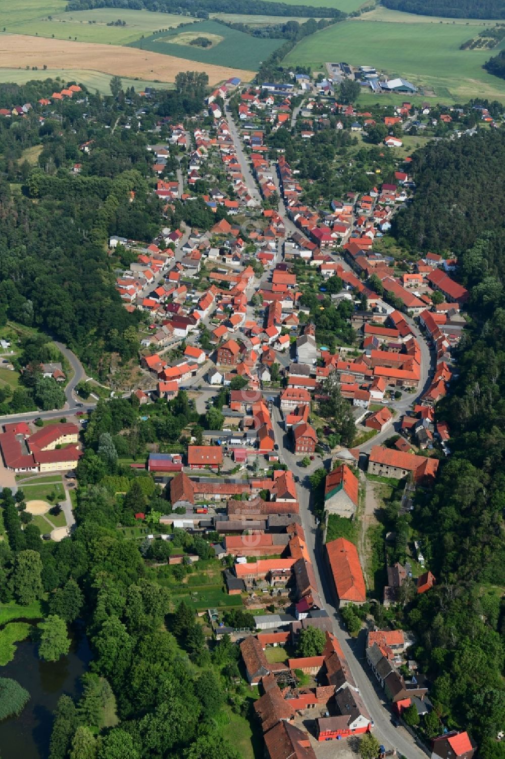 Aerial image Langenstein - Surrounded by forest and forest areas center of the streets and houses and residential areas in Langenstein in the state Saxony-Anhalt, Germany