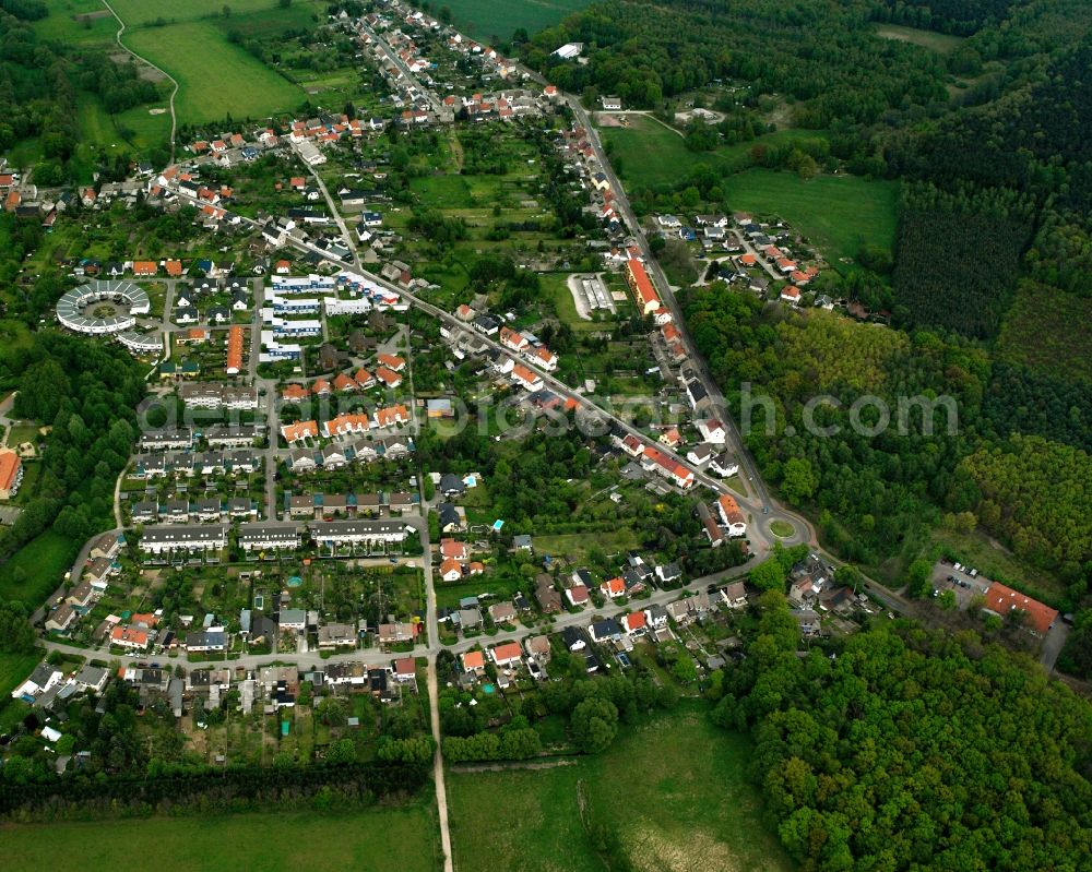 Meinsdorf from above - Surrounded by forest and forest areas center of the streets and houses and residential areas in Meinsdorf in the state Saxony-Anhalt, Germany