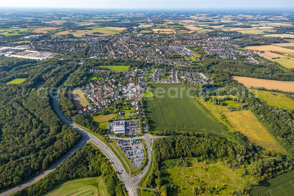 Neubeckum from above - Surrounded by forest and forest areas center of the streets and houses and residential areas in Neubeckum at Ruhrgebiet in the state North Rhine-Westphalia, Germany