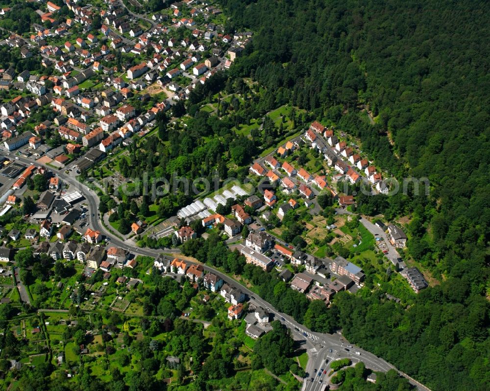 Neumünden from above - Surrounded by forest and forest areas center of the streets and houses and residential areas in Neumünden in the state Lower Saxony, Germany