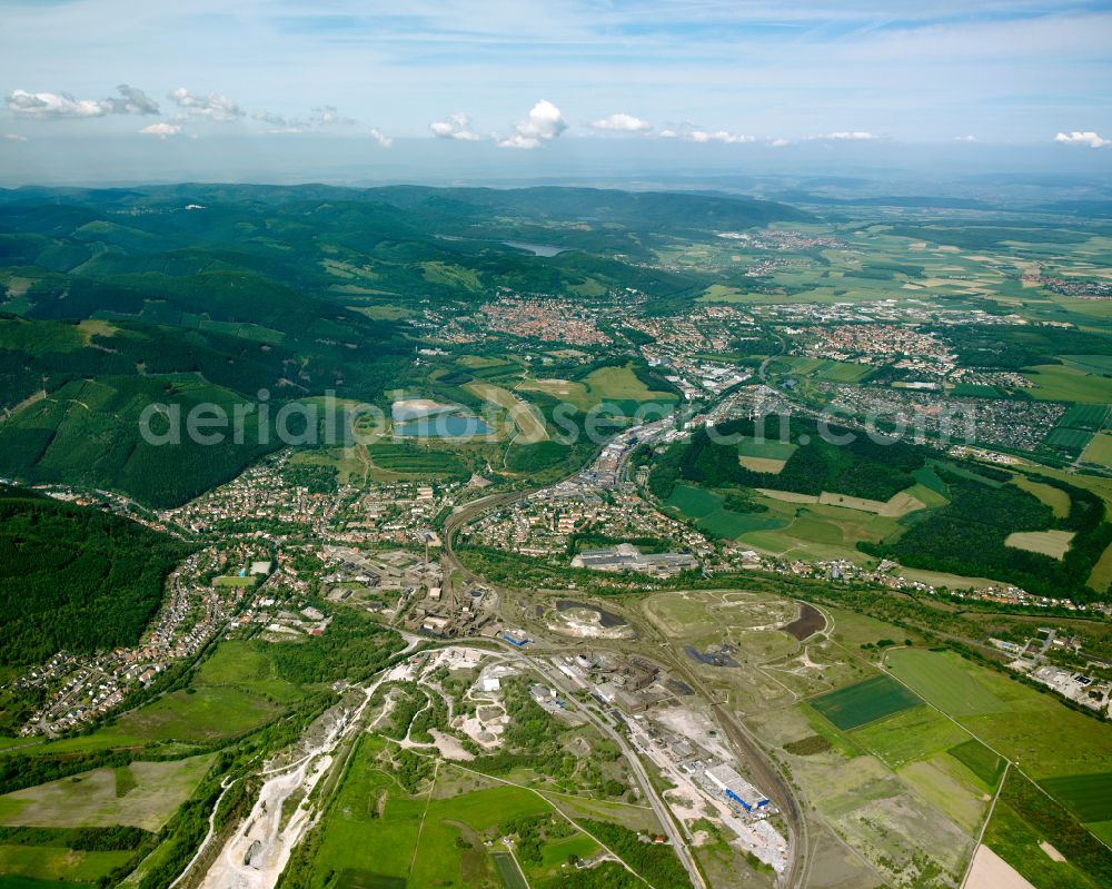 Aerial image Oker - Surrounded by forest and forest areas center of the streets and houses and residential areas in Oker in the state Lower Saxony, Germany