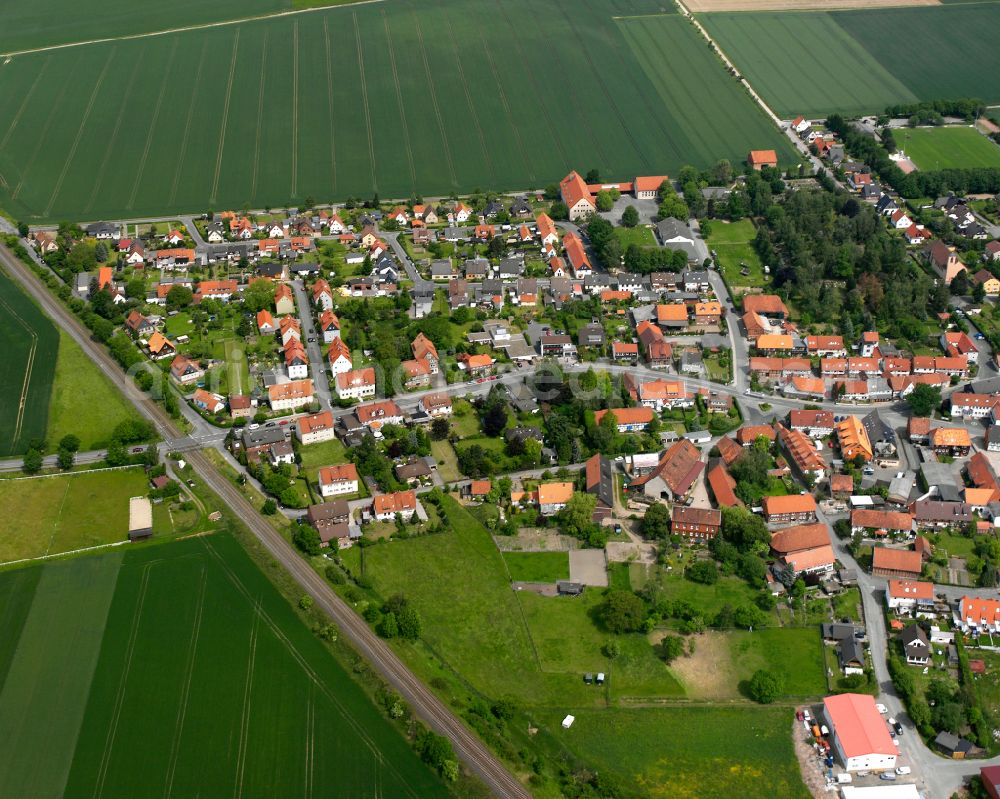 Othfresen from the bird's eye view: Surrounded by forest and forest areas center of the streets and houses and residential areas in Othfresen in the state Lower Saxony, Germany