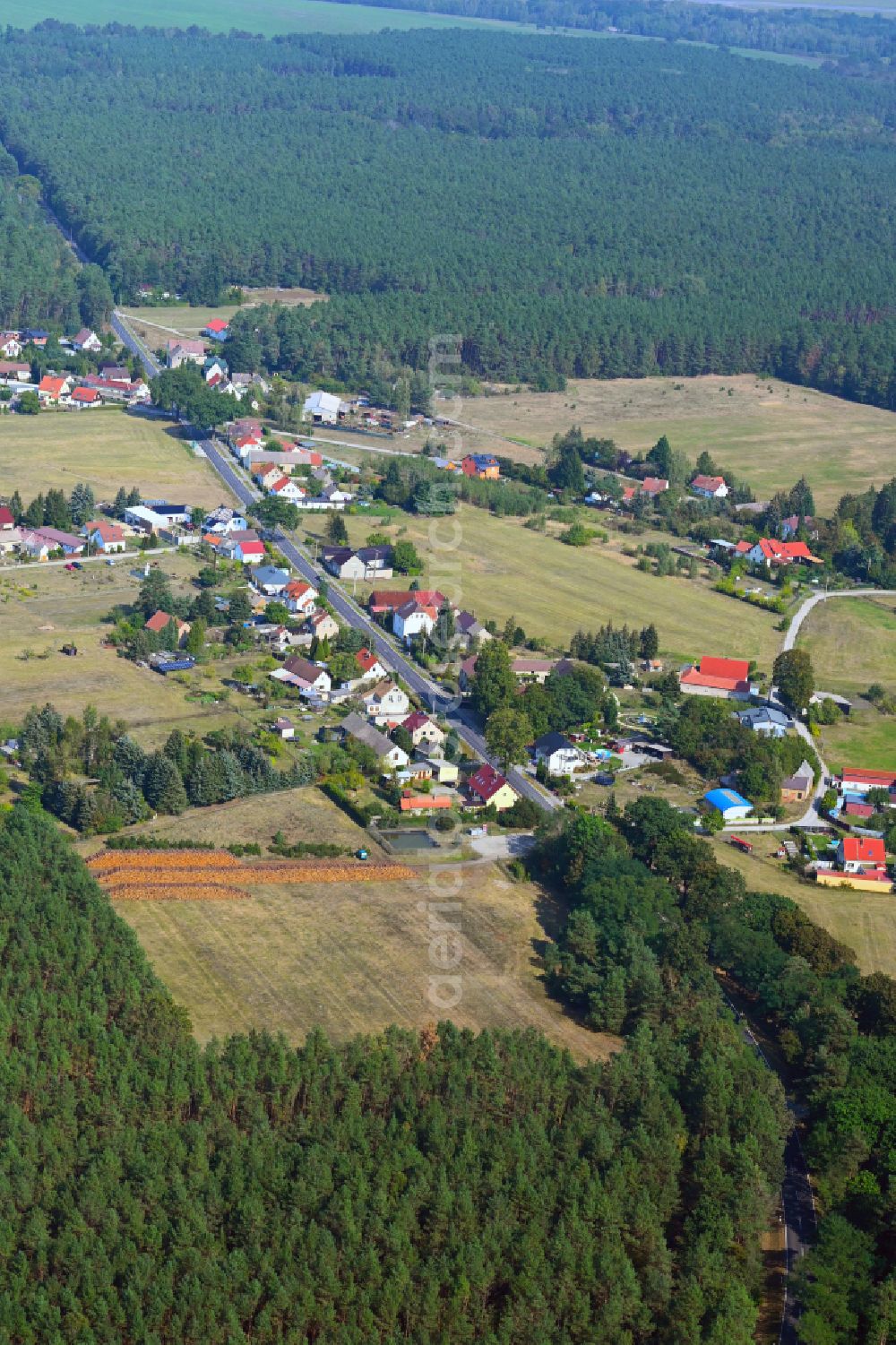 Aerial image Pechhütte - Surrounded by forest and forest areas center of the streets and houses and residential areas in Pechhuette in the state Brandenburg, Germany