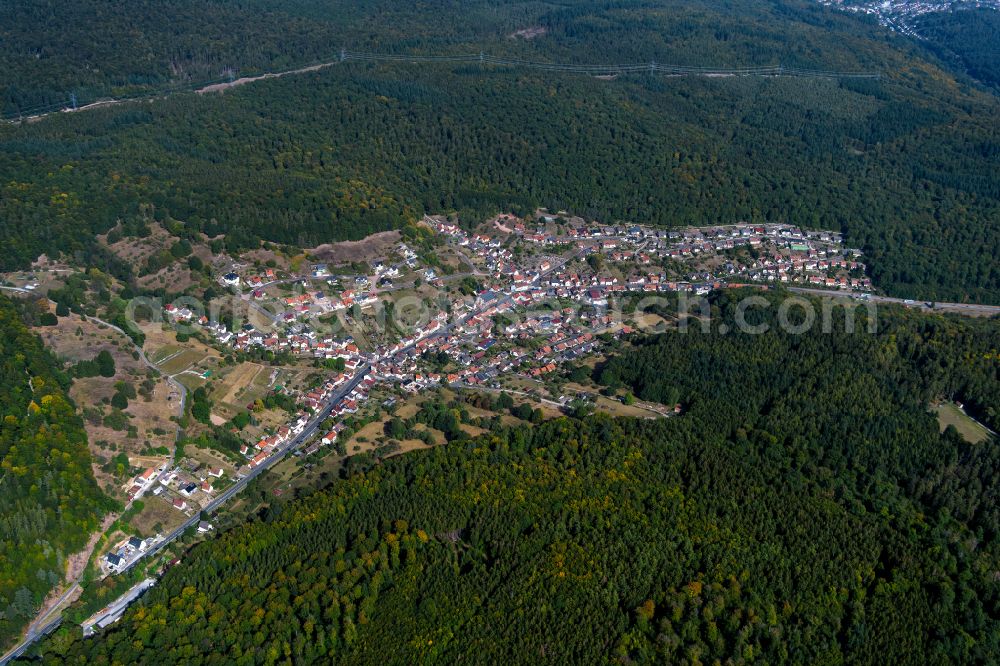 Aerial photograph Rechtenbach - Surrounded by forest and forest areas center of the streets and houses and residential areas in Rechtenbach in the state Bavaria, Germany