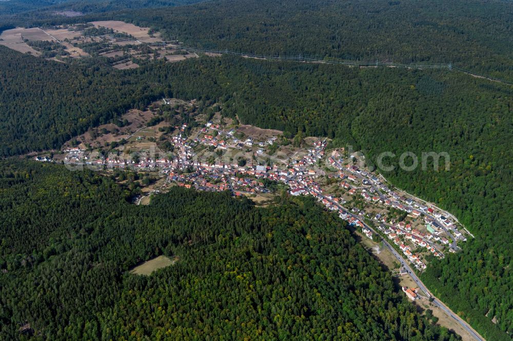 Rechtenbach from above - Surrounded by forest and forest areas center of the streets and houses and residential areas in Rechtenbach in the state Bavaria, Germany