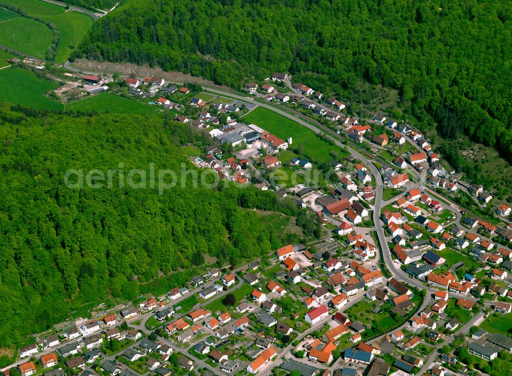Schmiechen from the bird's eye view: Surrounded by forest and forest areas center of the streets and houses and residential areas in Schmiechen in the state Baden-Wuerttemberg, Germany