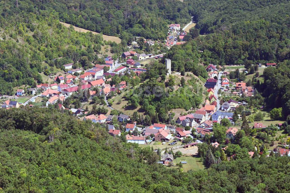 Tautenburg from above - Surrounded by forest and forest areas center of the streets and houses and residential areas in Tautenburg in the state Thuringia, Germany