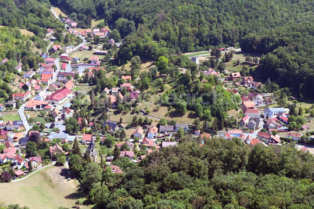 Tautenburg from the bird's eye view: Surrounded by forest and forest areas center of the streets and houses and residential areas in Tautenburg in the state Thuringia, Germany