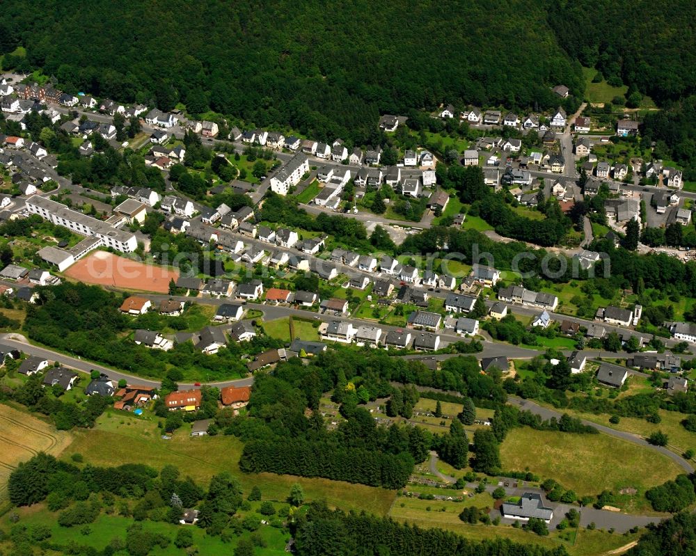 Tiefenstein from the bird's eye view: Surrounded by forest and forest areas center of the streets and houses and residential areas in Tiefenstein in the state Rhineland-Palatinate, Germany