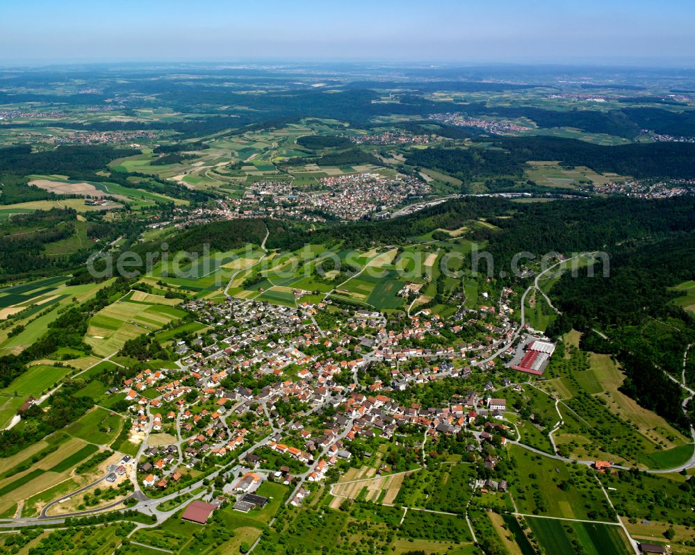 Walddorf from above - Surrounded by forest and forest areas center of the streets and houses and residential areas in Walddorf in the state Baden-Wuerttemberg, Germany