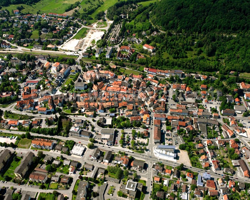 Aerial image Waldshut-Tiengen - Surrounded by forest and forest areas center of the streets and houses and residential areas in Waldshut-Tiengen in the state Baden-Wuerttemberg, Germany