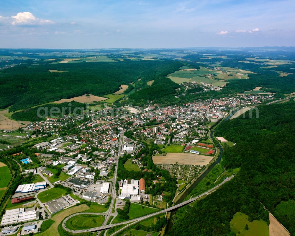 Waldshut-Tiengen from above - Surrounded by forest and forest areas center of the streets and houses and residential areas in Waldshut-Tiengen in the state Baden-Wuerttemberg, Germany