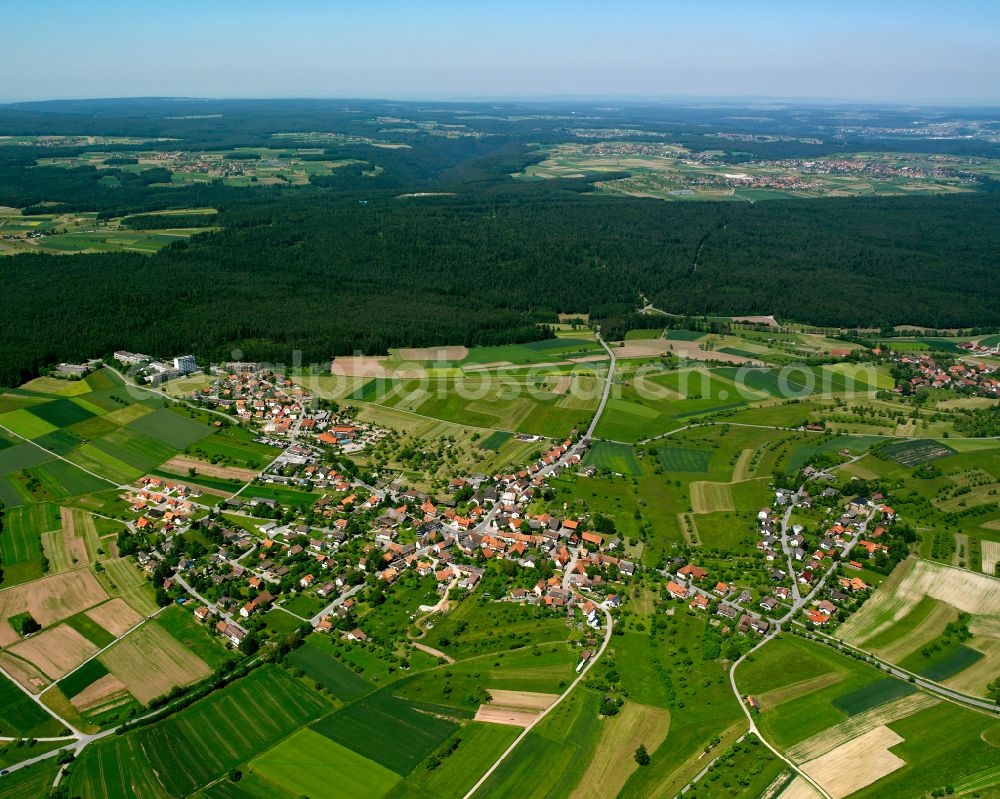 Wart from the bird's eye view: Surrounded by forest and forest areas center of the streets and houses and residential areas in Wart in the state Baden-Wuerttemberg, Germany