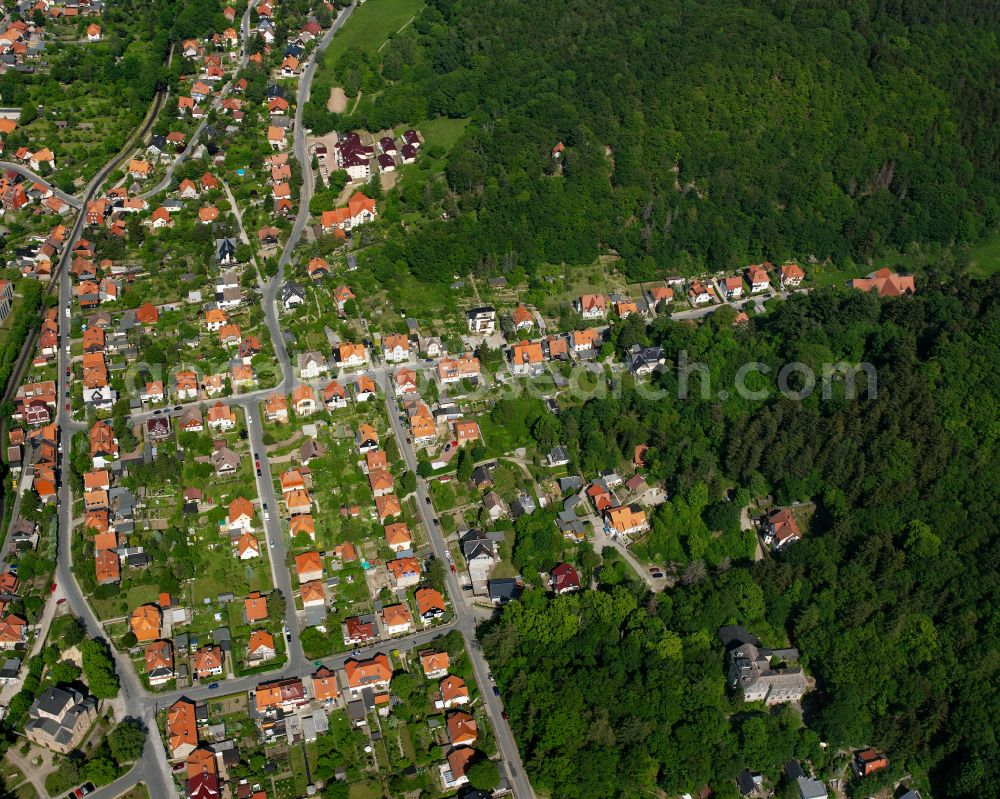 Wernigerode from above - Surrounded by forest and forest areas center of the streets and houses and residential areas in Wernigerode in the Harz in the state Saxony-Anhalt, Germany