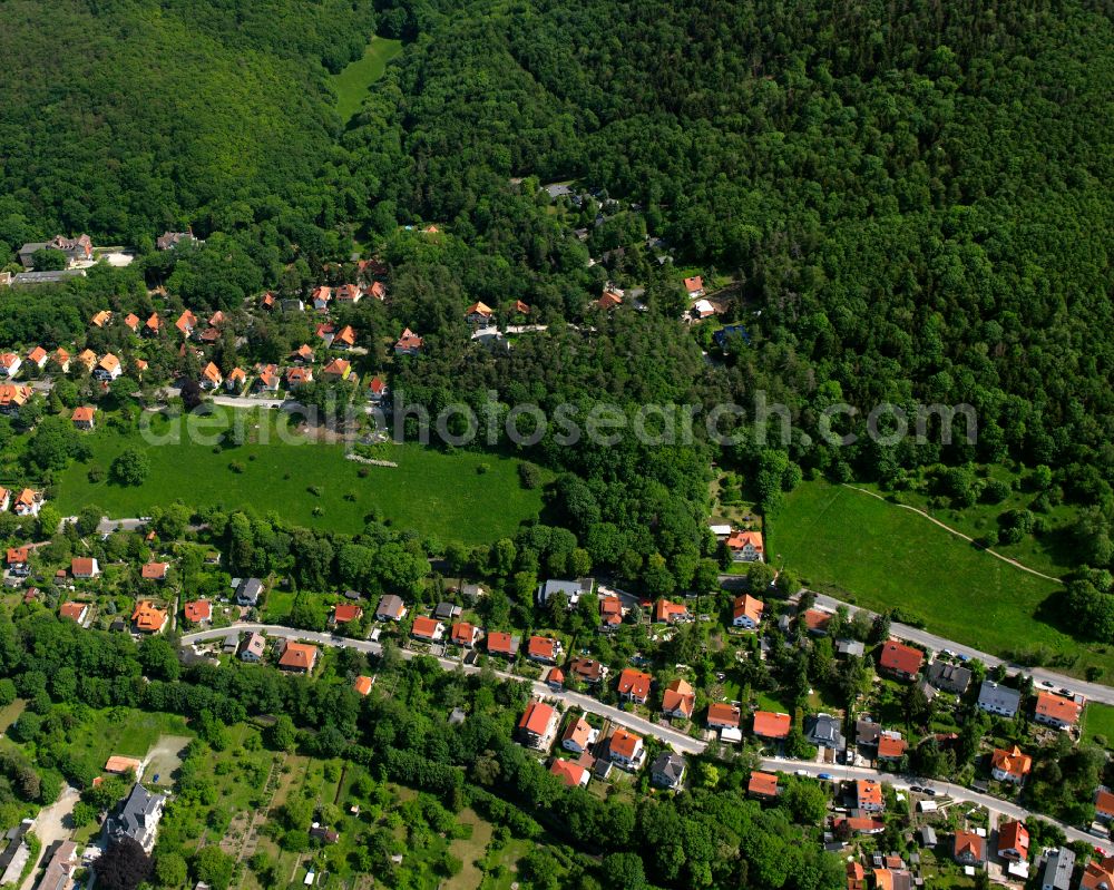 Aerial photograph Wernigerode - Surrounded by forest and forest areas center of the streets and houses and residential areas in Wernigerode in the Harz in the state Saxony-Anhalt, Germany