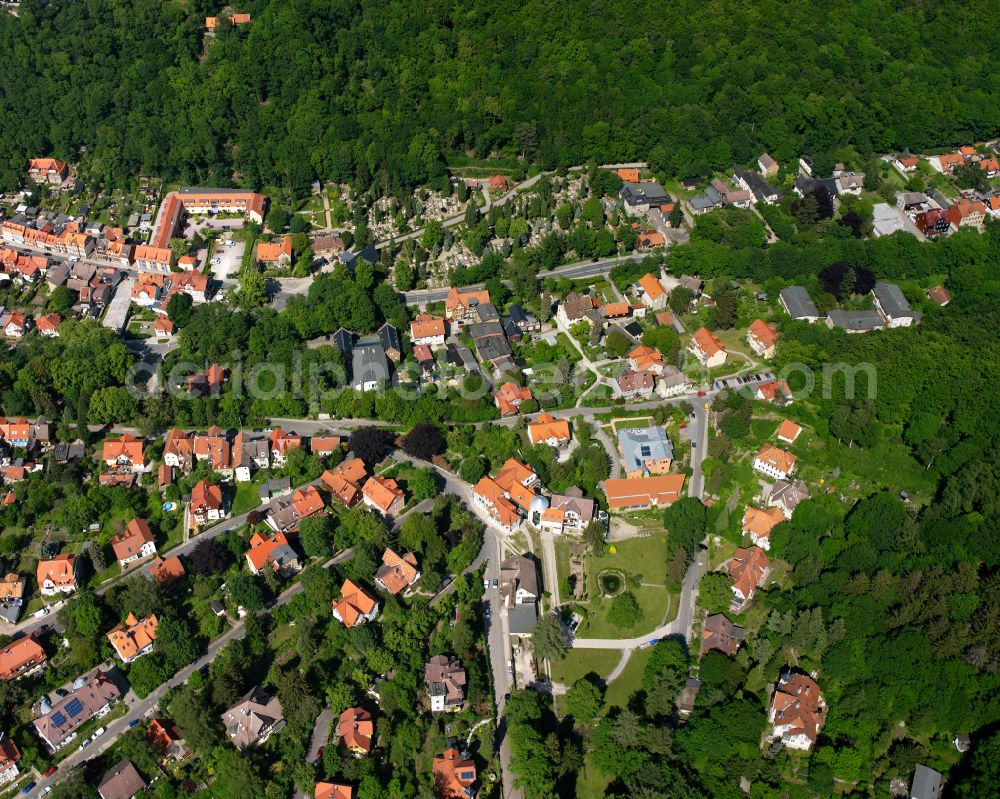 Aerial photograph Wernigerode - Surrounded by forest and forest areas center of the streets and houses and residential areas in Wernigerode in the Harz in the state Saxony-Anhalt, Germany