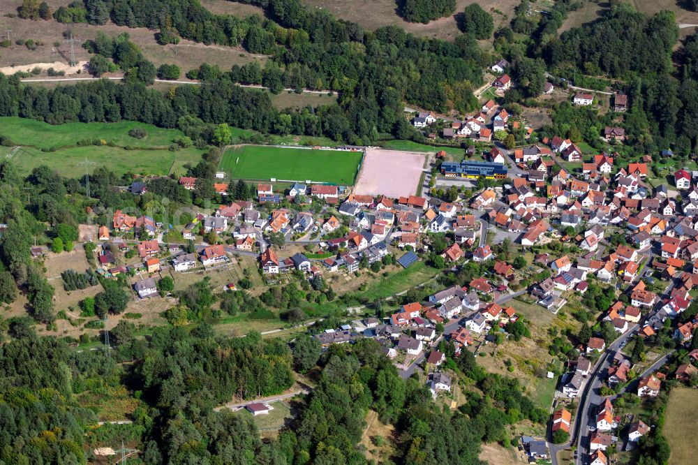 Aerial photograph Wiesthal - Surrounded by forest and forest areas center of the streets and houses and residential areas in Wiesthal in the state Bavaria, Germany