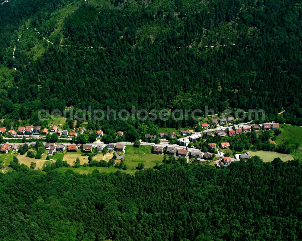 Bad Herrenalb from the bird's eye view: Urban area with outskirts and inner city area surrounded by woodland and forest areas in Bad Herrenalb at Schwarzwald in the state Baden-Wuerttemberg, Germany