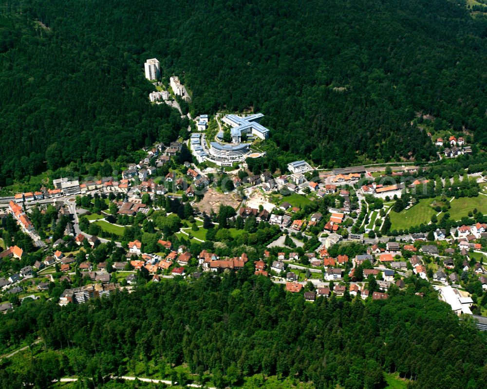 Aerial image Bad Herrenalb - Urban area with outskirts and inner city area surrounded by woodland and forest areas in Bad Herrenalb at Schwarzwald in the state Baden-Wuerttemberg, Germany