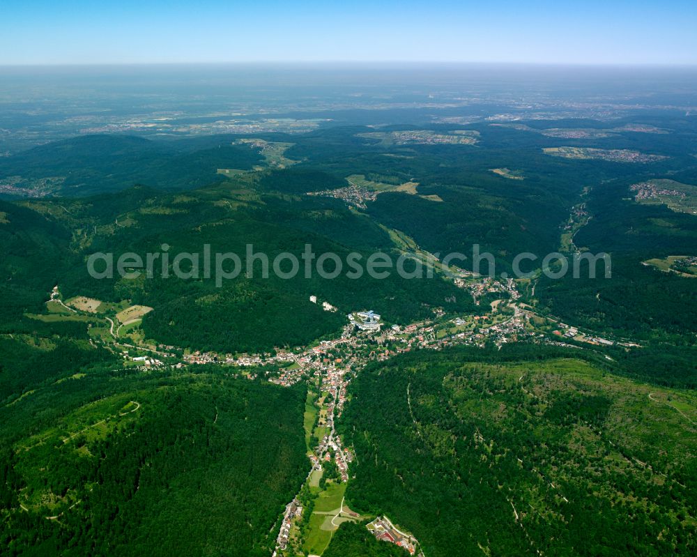 Bad Herrenalb from above - Urban area with outskirts and inner city area surrounded by woodland and forest areas in Bad Herrenalb at Schwarzwald in the state Baden-Wuerttemberg, Germany