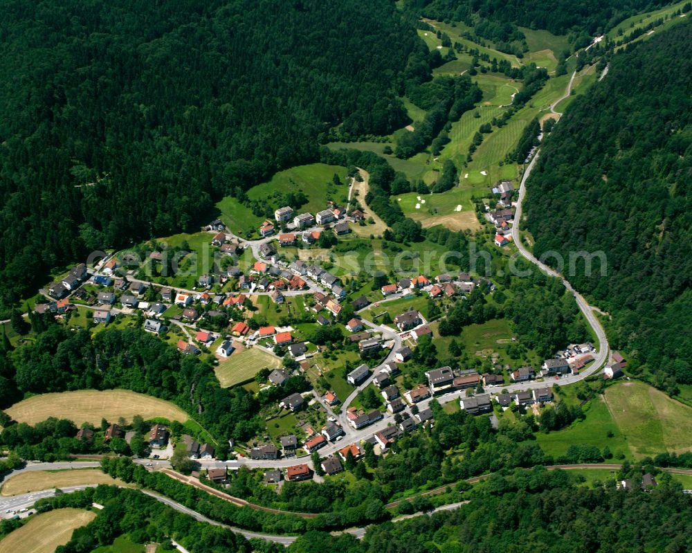 Aerial image Bad Herrenalb - Urban area with outskirts and inner city area surrounded by woodland and forest areas in Bad Herrenalb at Schwarzwald in the state Baden-Wuerttemberg, Germany