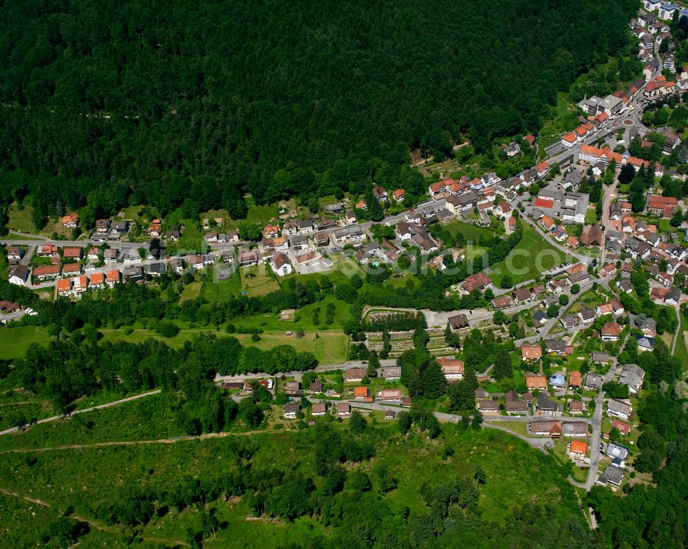 Bad Herrenalb from the bird's eye view: Urban area with outskirts and inner city area surrounded by woodland and forest areas in Bad Herrenalb at Schwarzwald in the state Baden-Wuerttemberg, Germany