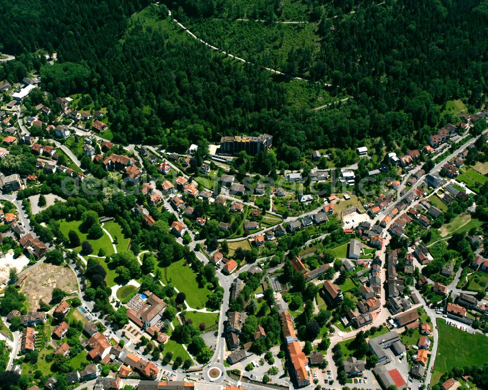 Bad Herrenalb from above - Urban area with outskirts and inner city area surrounded by woodland and forest areas in Bad Herrenalb at Schwarzwald in the state Baden-Wuerttemberg, Germany