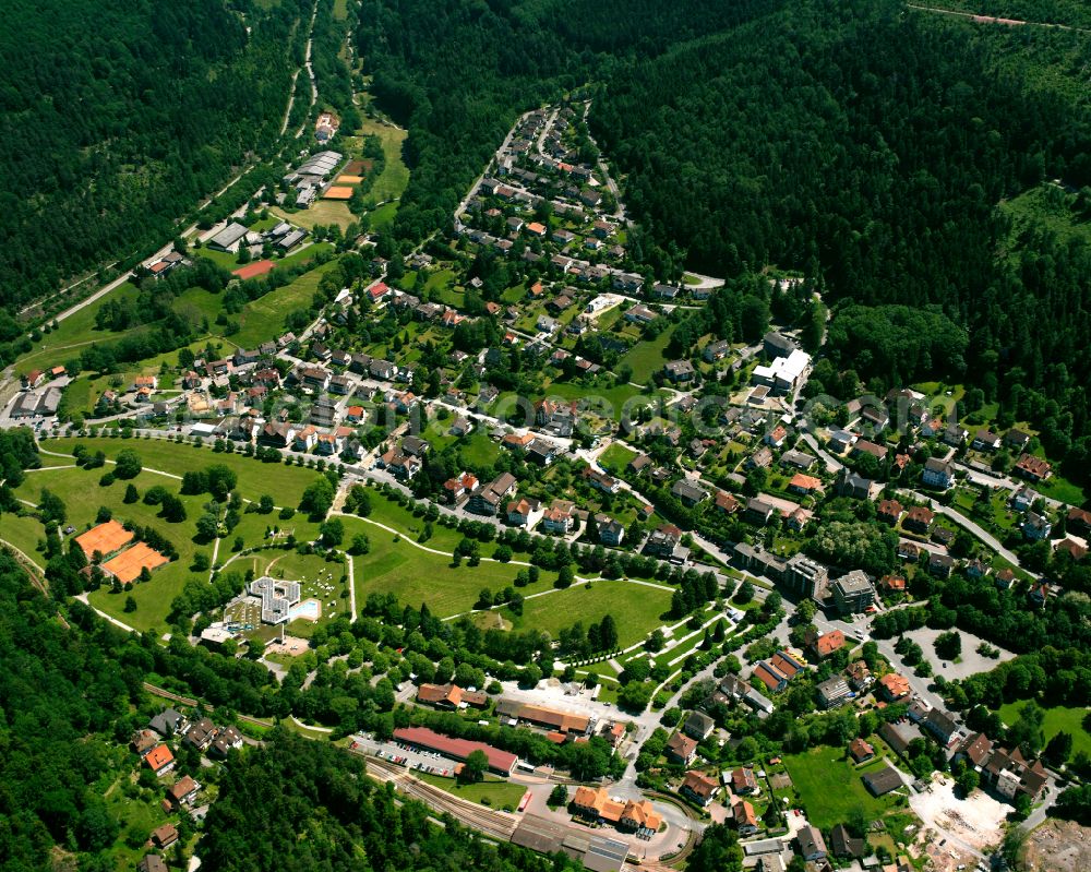 Bad Herrenalb from the bird's eye view: Urban area with outskirts and inner city area surrounded by woodland and forest areas in Bad Herrenalb at Schwarzwald in the state Baden-Wuerttemberg, Germany