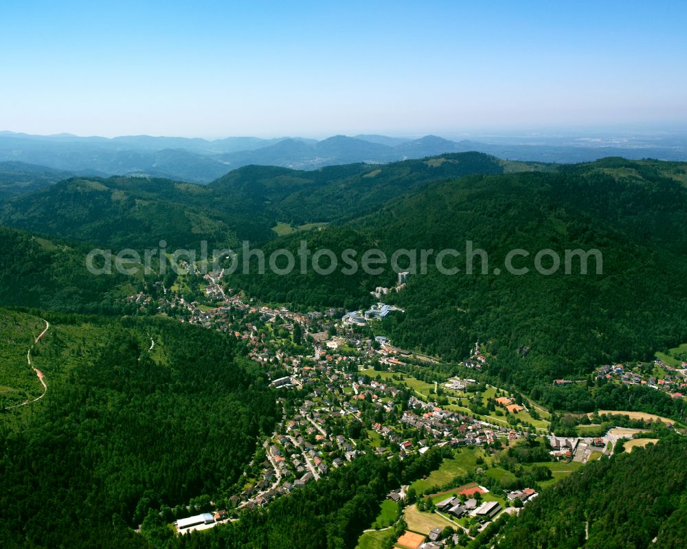 Bad Herrenalb from above - Urban area with outskirts and inner city area surrounded by woodland and forest areas in Bad Herrenalb at Schwarzwald in the state Baden-Wuerttemberg, Germany