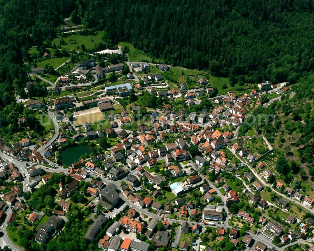 Bad Liebenzell from above - Urban area with outskirts and inner city area surrounded by woodland and forest areas in Bad Liebenzell in the state Baden-Wuerttemberg, Germany