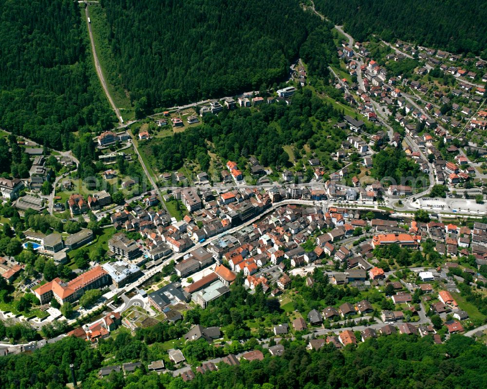 Bad Wildbad from above - Urban area with outskirts and inner city area surrounded by woodland and forest areas in Bad Wildbad in the state Baden-Wuerttemberg, Germany