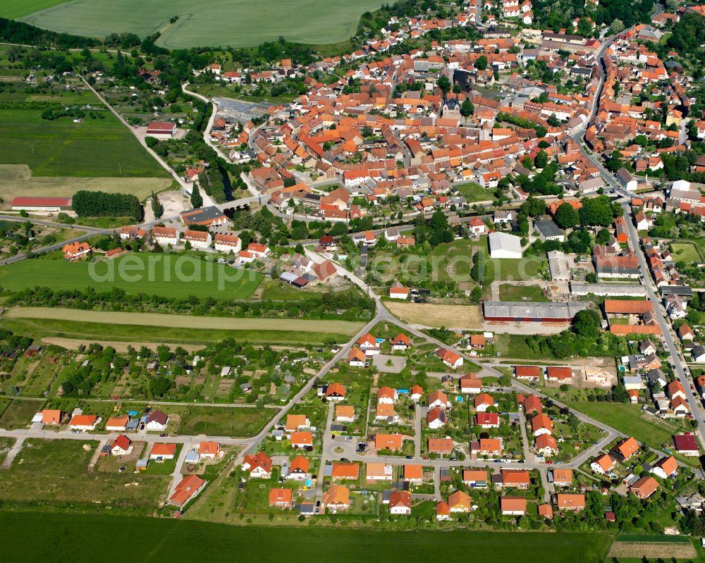 Derenburg from the bird's eye view: Urban area with outskirts and inner city area surrounded by woodland and forest areas in Derenburg in the state Saxony-Anhalt, Germany