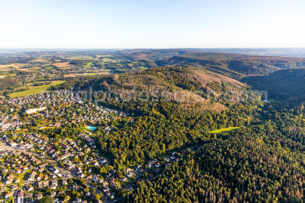 Detmold from above - Urban area with outskirts and inner city area surrounded by woodland and forest areas in Detmold in the state North Rhine-Westphalia, Germany