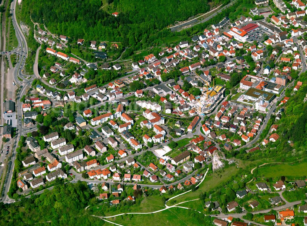 Gerhausen from the bird's eye view: Urban area with outskirts and inner city area surrounded by woodland and forest areas in Gerhausen in the state Baden-Wuerttemberg, Germany