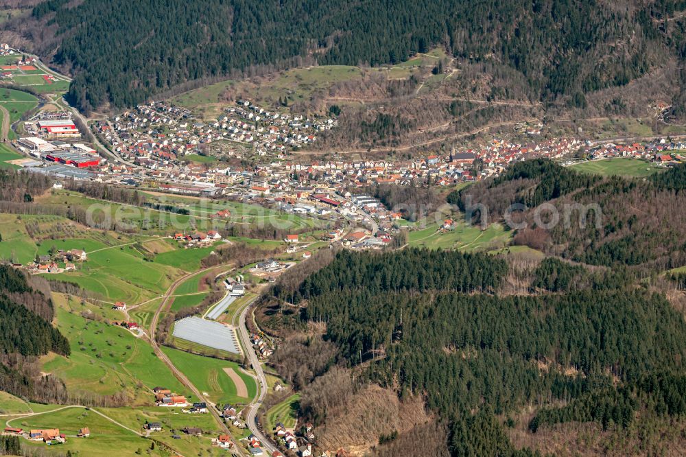 Aerial photograph Oppenau - Urban area with outskirts and inner city area surrounded by woodland and forest areas in Oppenau in the state Baden-Wuerttemberg, Germany