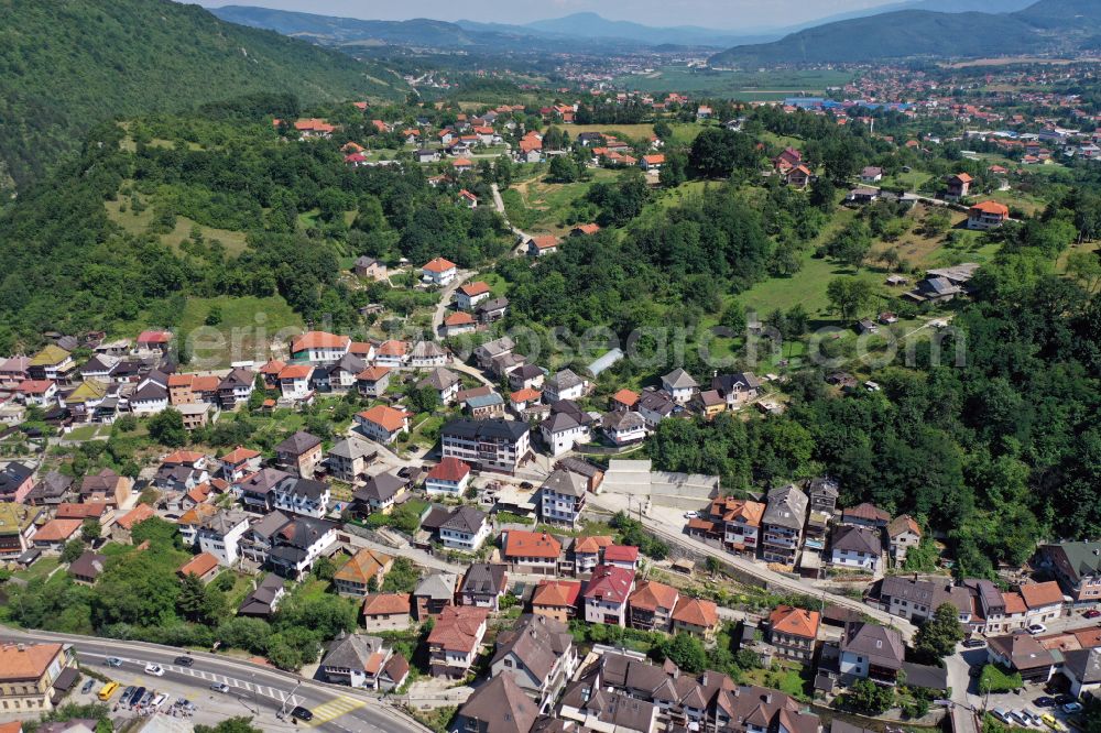 Travnik from above - Urban area with outskirts and inner city area surrounded by woodland and forest areas on street Potur mahala in Travnik in Federation of Bosnia and Herzegovina, Bosnia and Herzegovina