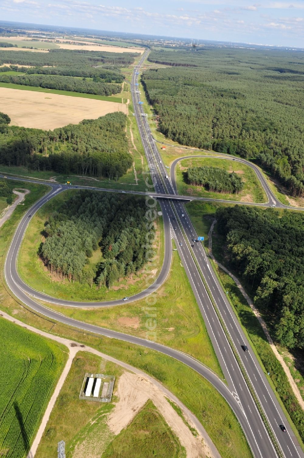 Kremmen from above - Preparations resp. tree felling for the expansion of the junction Kremmen - Havelland at the motorway A10 and A24 in the state Brandenburg