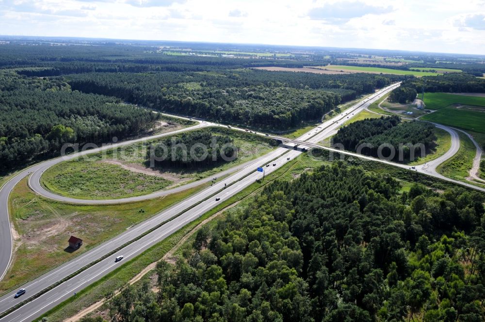 Kremmen from above - Preparations resp. tree felling for the expansion of the junction Kremmen - Havelland at the motorway A10 and A24 in the state Brandenburg