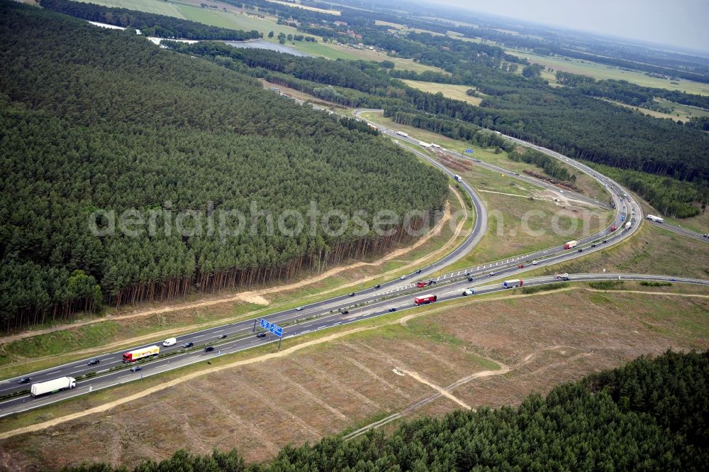 Groß Ziethen from the bird's eye view: Preparations resp. tree felling for the expansion of the junction Havelland at the motorway A10 and A24 in the state Brandenburg