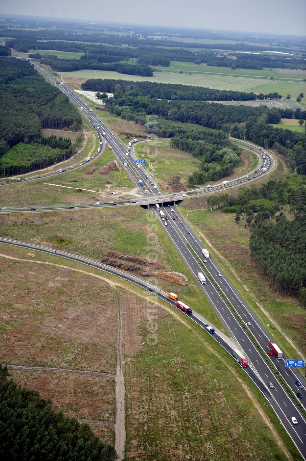 Groß Ziethen from the bird's eye view: Preparations resp. tree felling for the expansion of the junction Havelland at the motorway A10 and A24 in the state Brandenburg