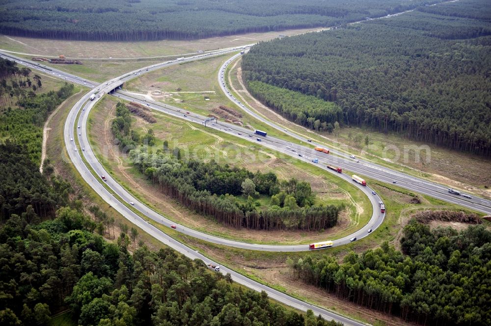 Groß Ziethen from the bird's eye view: Preparations resp. tree felling for the expansion of the junction Havelland at the motorway A10 and A24 in the state Brandenburg