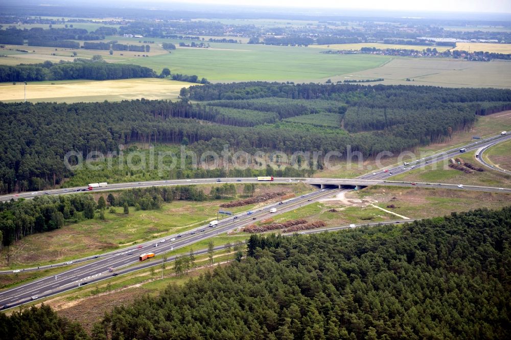 Groß Ziethen from the bird's eye view: Preparations resp. tree felling for the expansion of the junction Havelland at the motorway A10 and A24 in the state Brandenburg