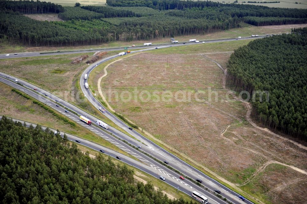 Groß Ziethen from the bird's eye view: Preparations resp. tree felling for the expansion of the junction Havelland at the motorway A10 and A24 in the state Brandenburg