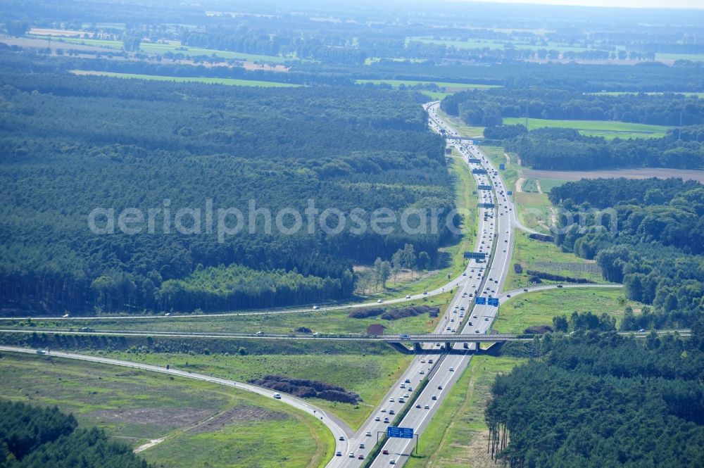 Groß Ziethen from the bird's eye view: Preparations resp. tree felling for the expansion of the junction Havelland at the motorway A10 and A24 in the state Brandenburg