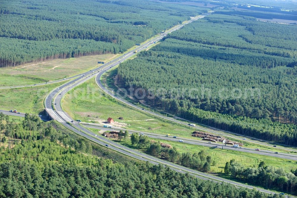 Groß Ziethen from the bird's eye view: Preparations resp. tree felling for the expansion of the junction Havelland at the motorway A10 and A24 in the state Brandenburg