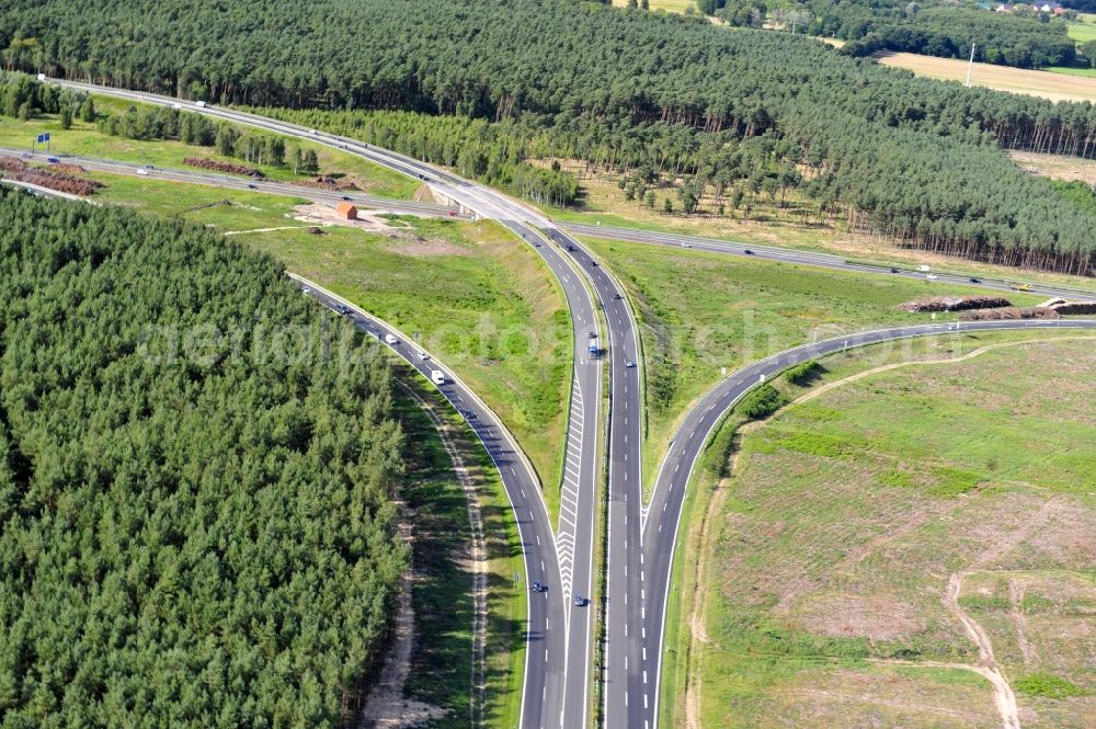 Groß Ziethen from the bird's eye view: Preparations resp. tree felling for the expansion of the junction Havelland at the motorway A10 and A24 in the state Brandenburg